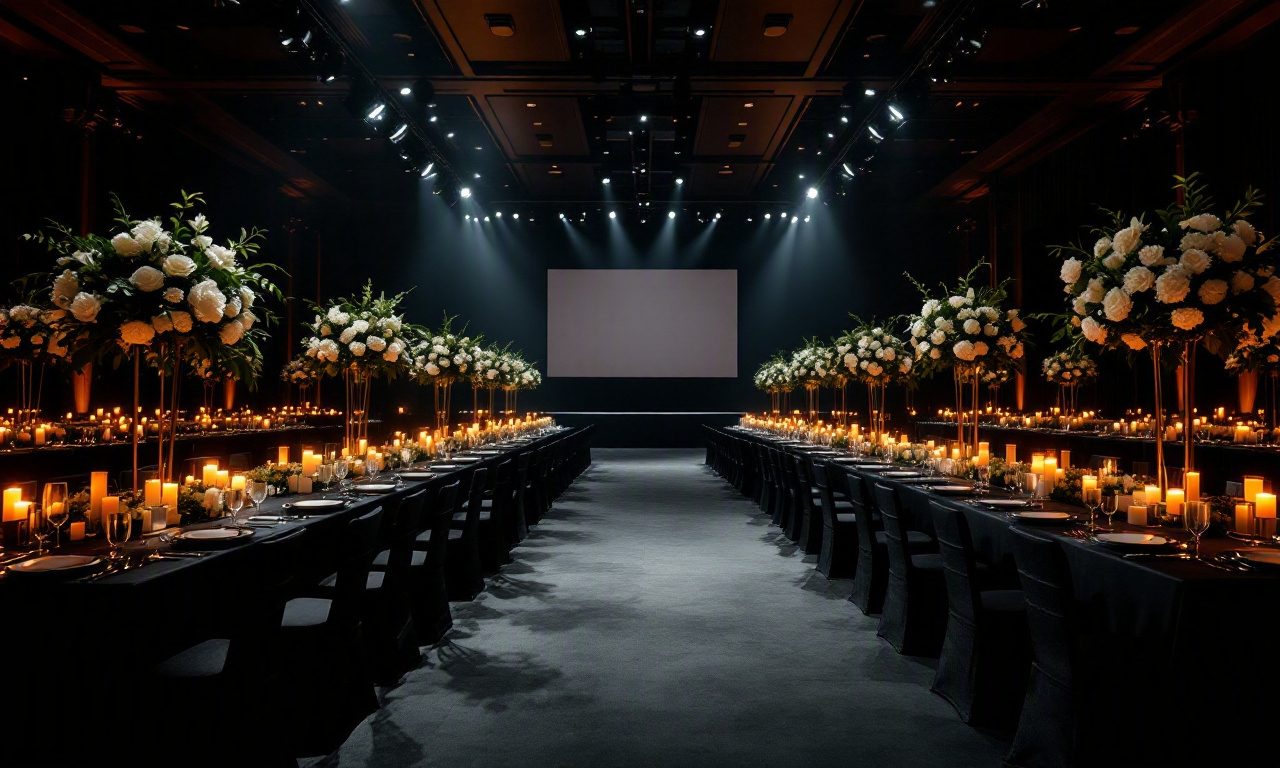 Black-tie gala ballroom with a center aisle, tall white floral arrangements, and candlelit tables designed by Greystone