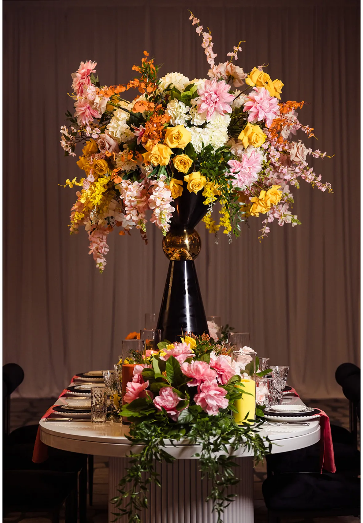 Tall pink and gold floral centerpiece by Greystone Design Co.