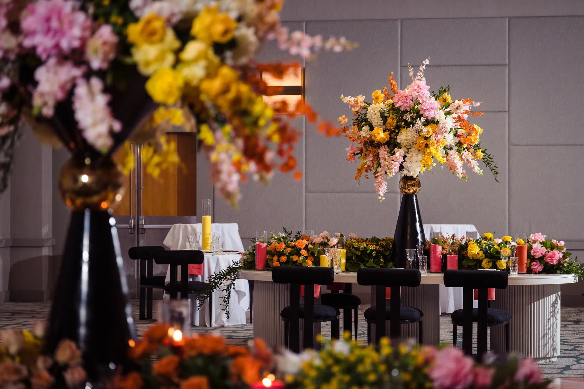 Reception tables with gold floral design by Greystone
